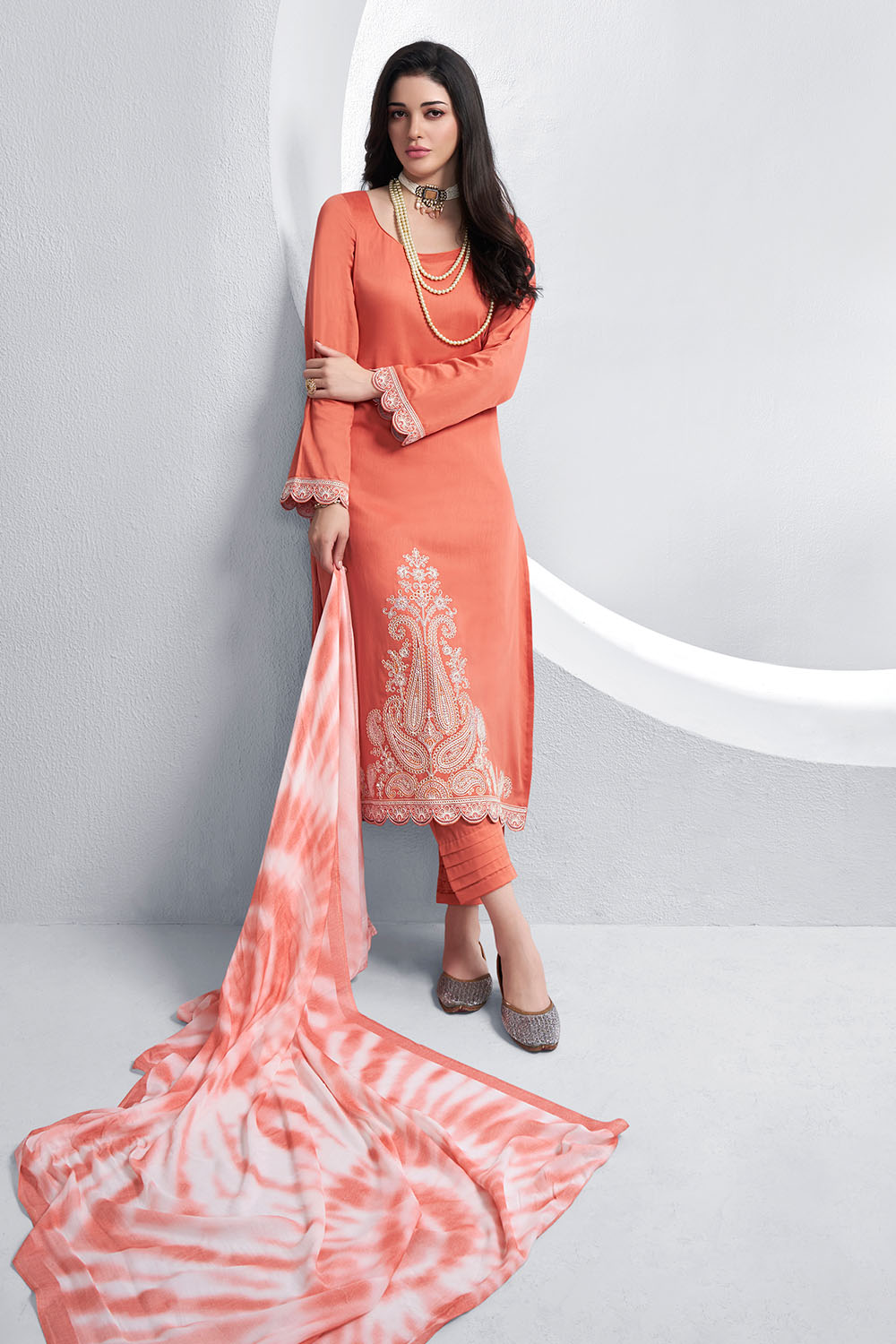 Peach Color Cotton Hemline Embroidered Unstitched Suit Material