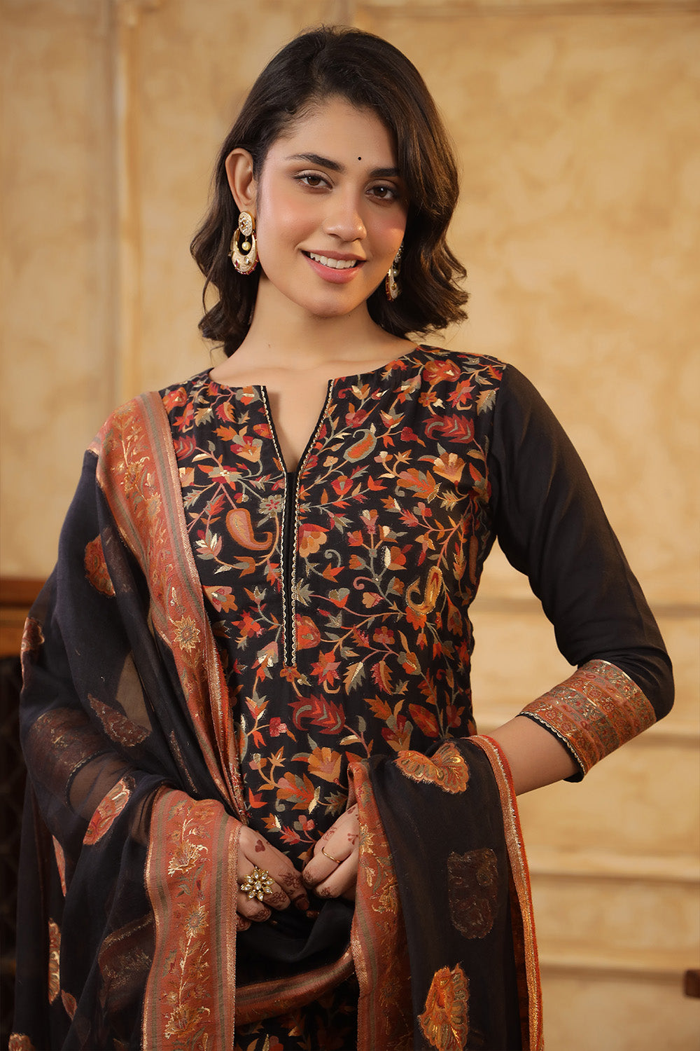 Black Color Meena-Kaari Woven Chanderi Unstitched Suit Material