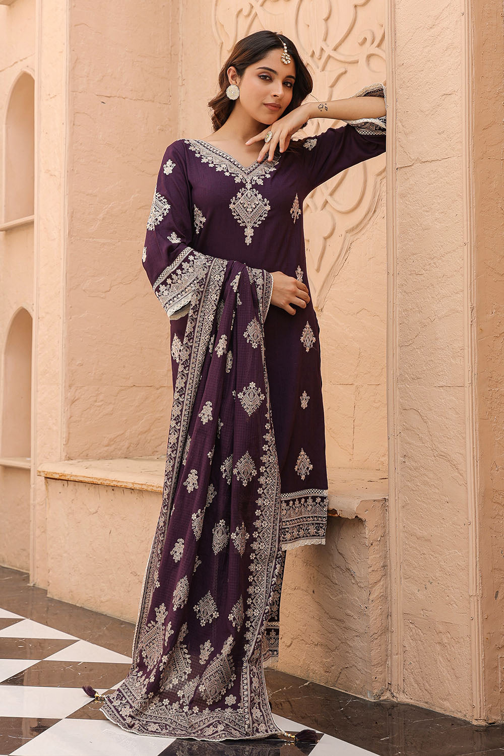 Dark Purple Color Embroidered Cotton Straight Suit