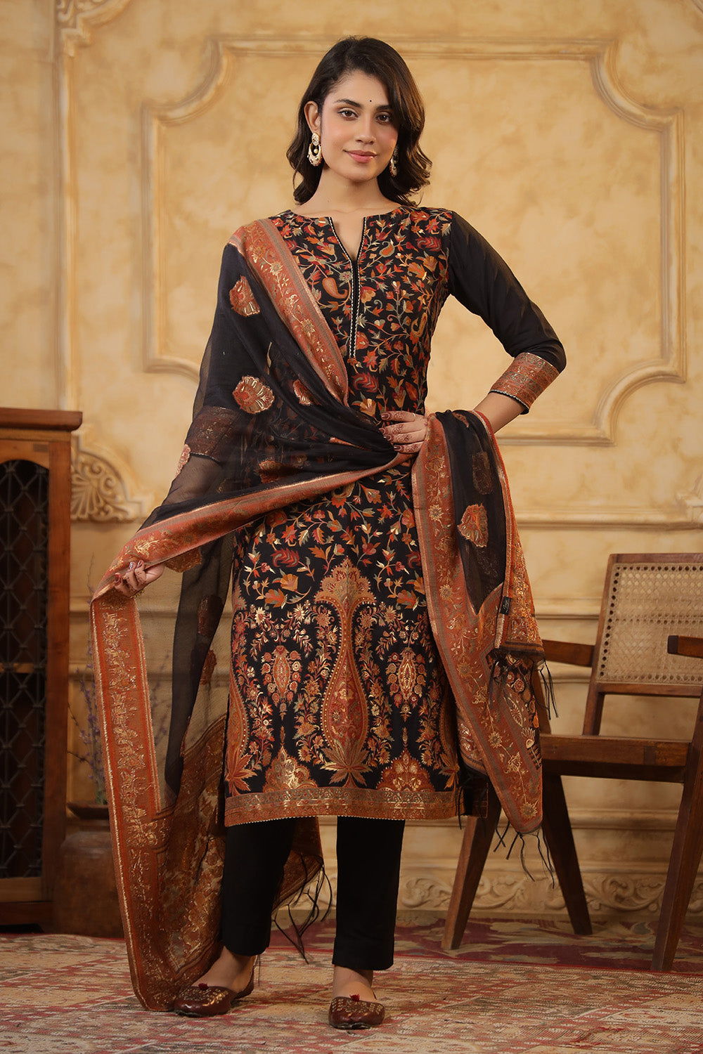 Black Color Meena-Kaari Woven Chanderi Unstitched Suit Material