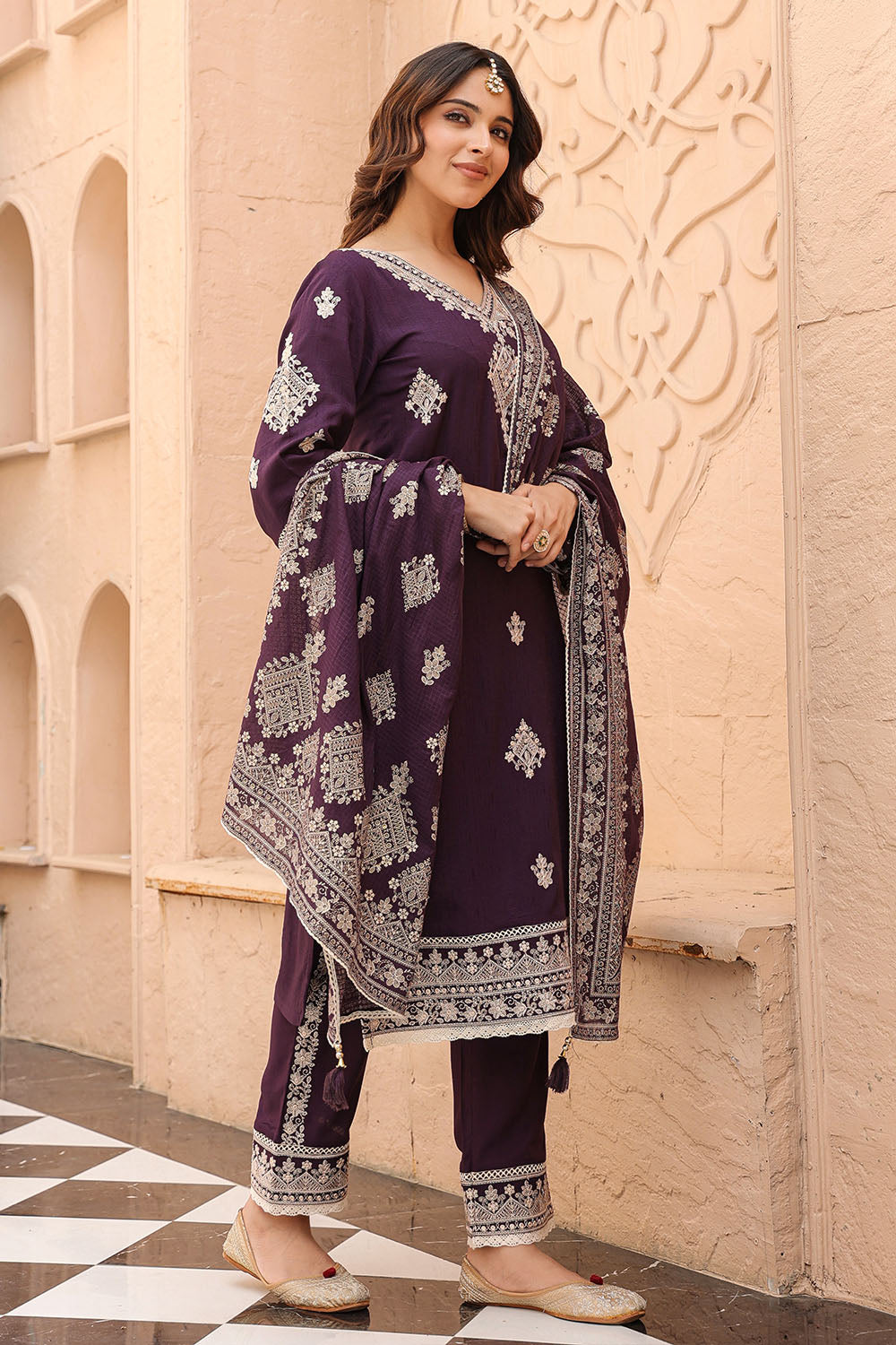 Dark Purple Color Embroidered Cotton Straight Suit