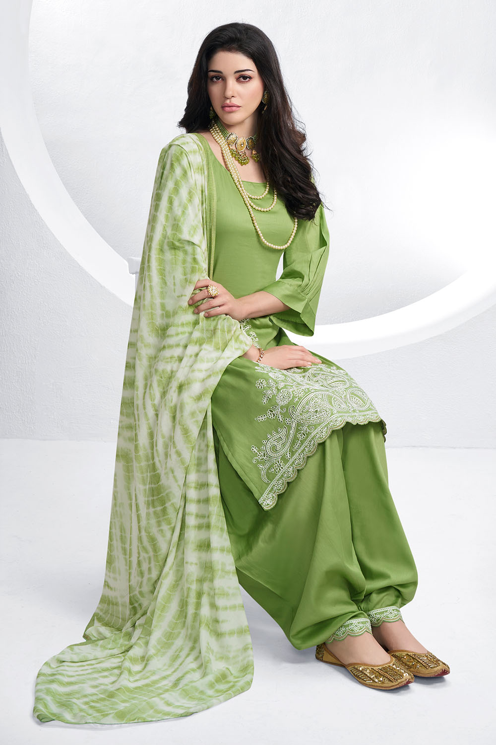 Green Color Cotton Hemline Embroidered Unstitched Suit Material