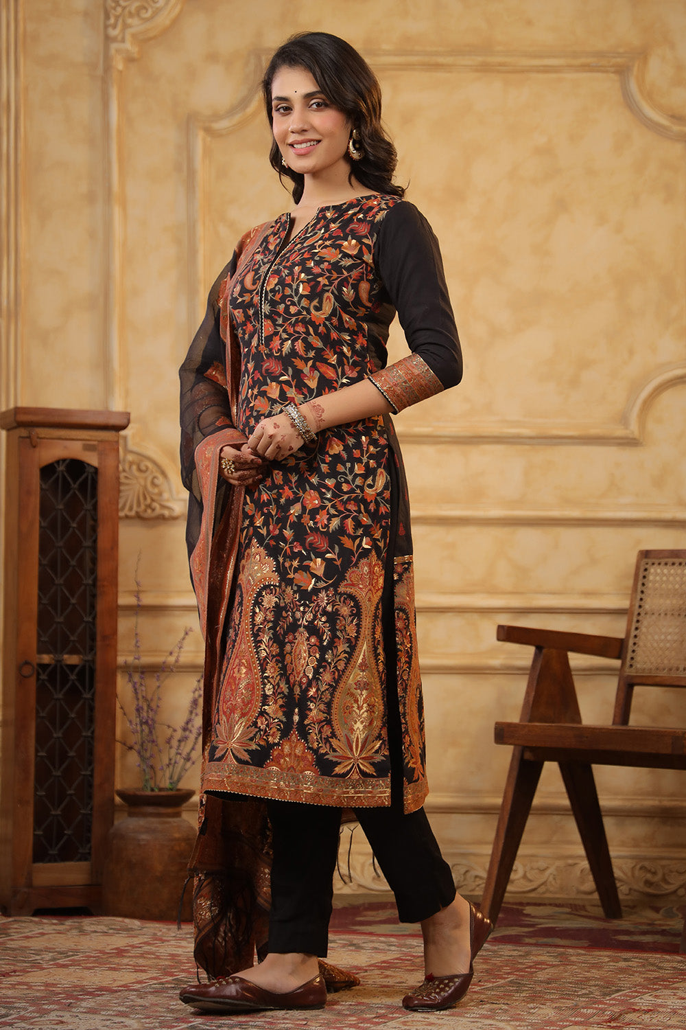 Black Color Meena-Kaari Woven Chanderi Unstitched Suit Material