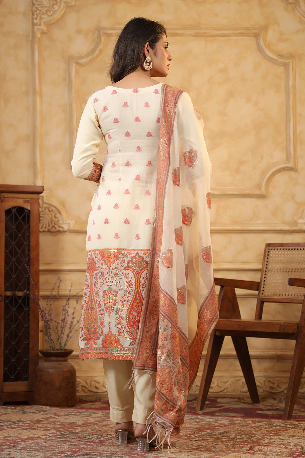 Cream Color Meena-Kaari Woven Chanderi Unstitched Suit Material