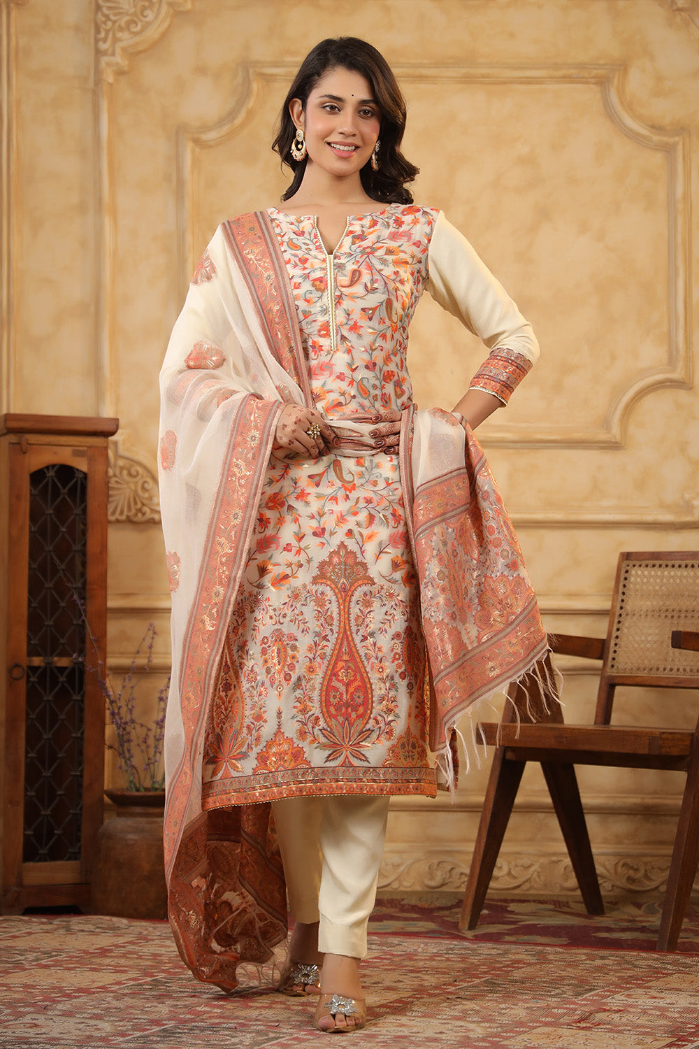 Cream Color Meena-Kaari Woven Chanderi Unstitched Suit Material