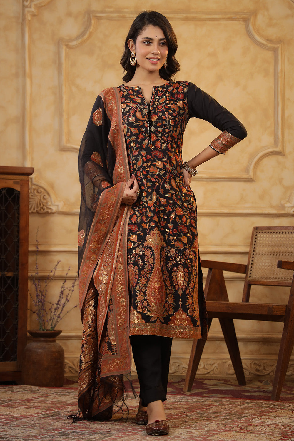 Black Color Meena-Kaari Woven Chanderi Unstitched Suit Material