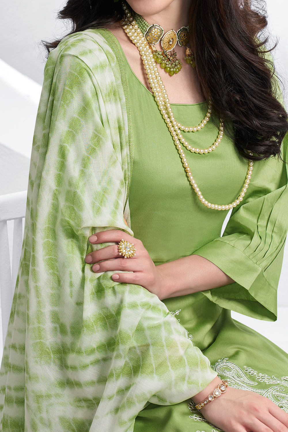 Green Color Cotton Hemline Embroidered Unstitched Suit Material