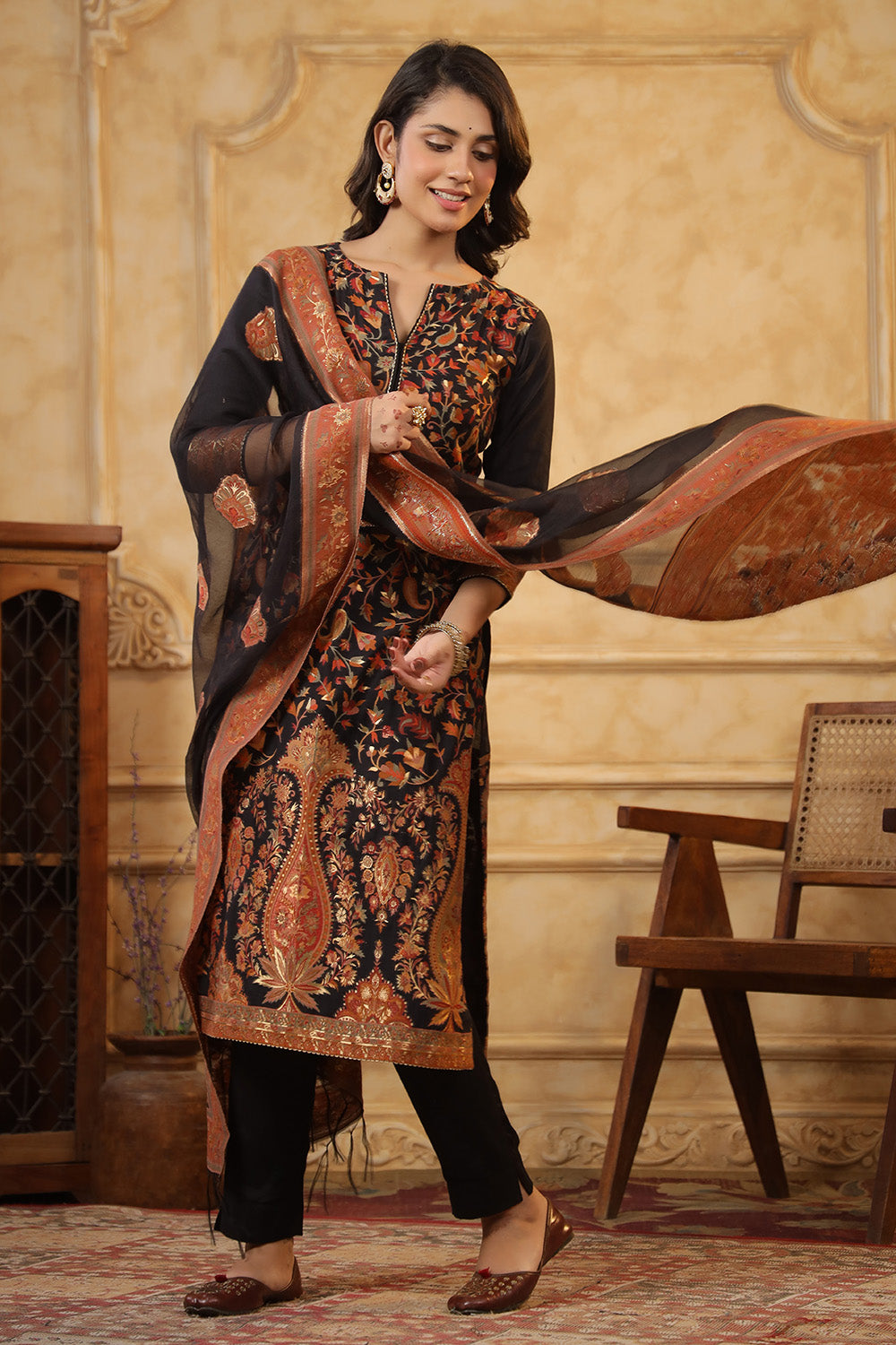 Black Color Meena-Kaari Woven Chanderi Unstitched Suit Material