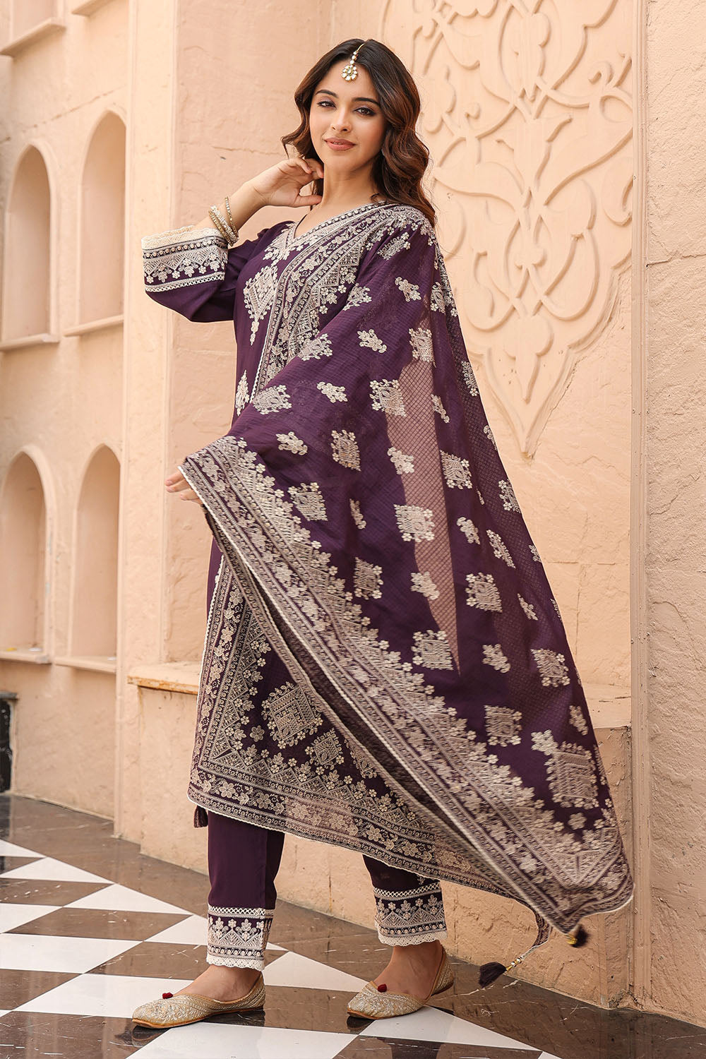 Dark Purple Color Embroidered Cotton Straight Suit