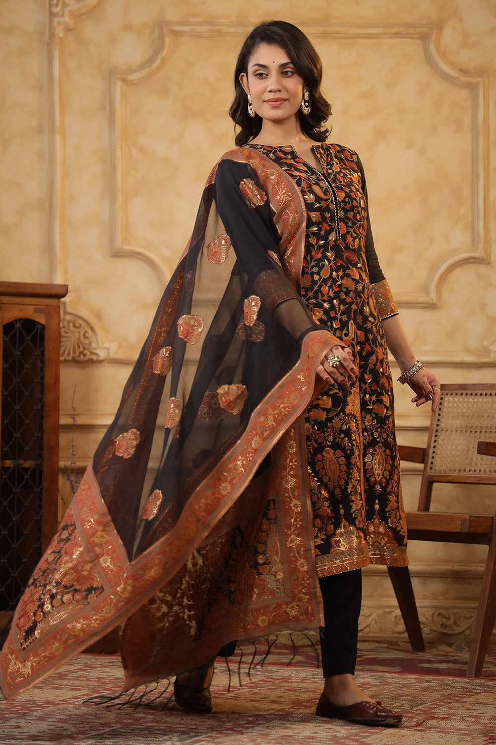 Black Color Meena-Kaari Woven Chanderi Unstitched Suit Material