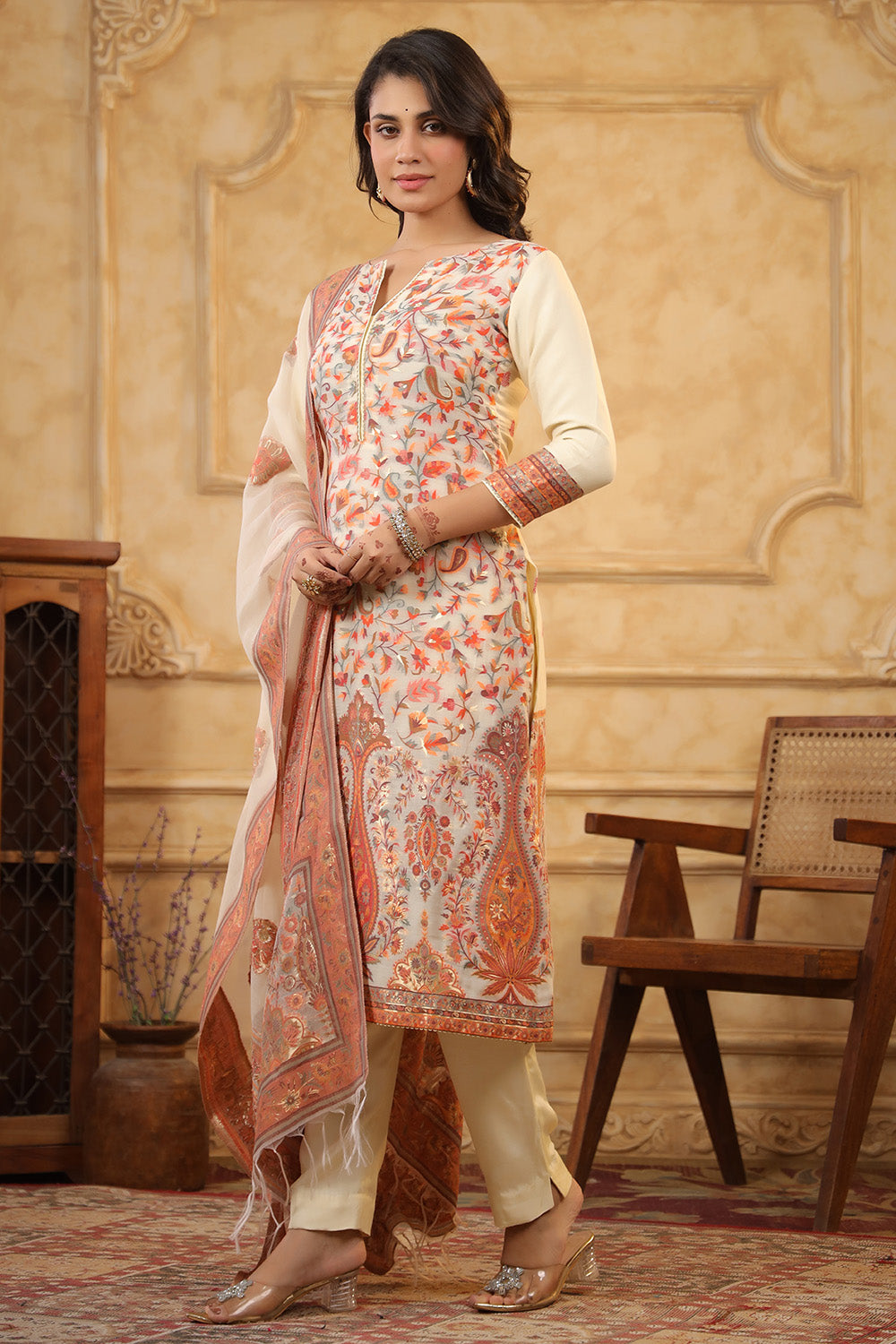 Cream Color Meena-Kaari Woven Chanderi Unstitched Suit Material