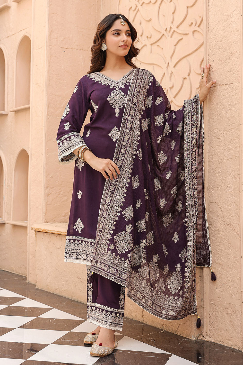 Dark Purple Color Embroidered Cotton Straight Suit