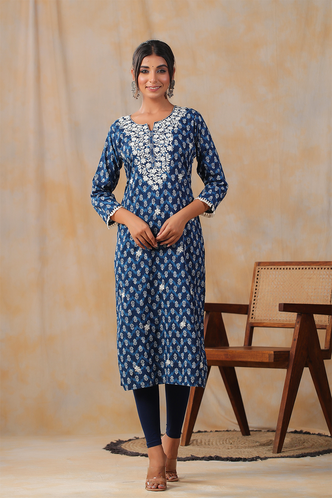 Buy Exclusive Classic Pure Cotton Kurtis In Navy Blue at Rs. 1079 online  from Fashion Bazar fancy kurtis : FFSVGV20NB