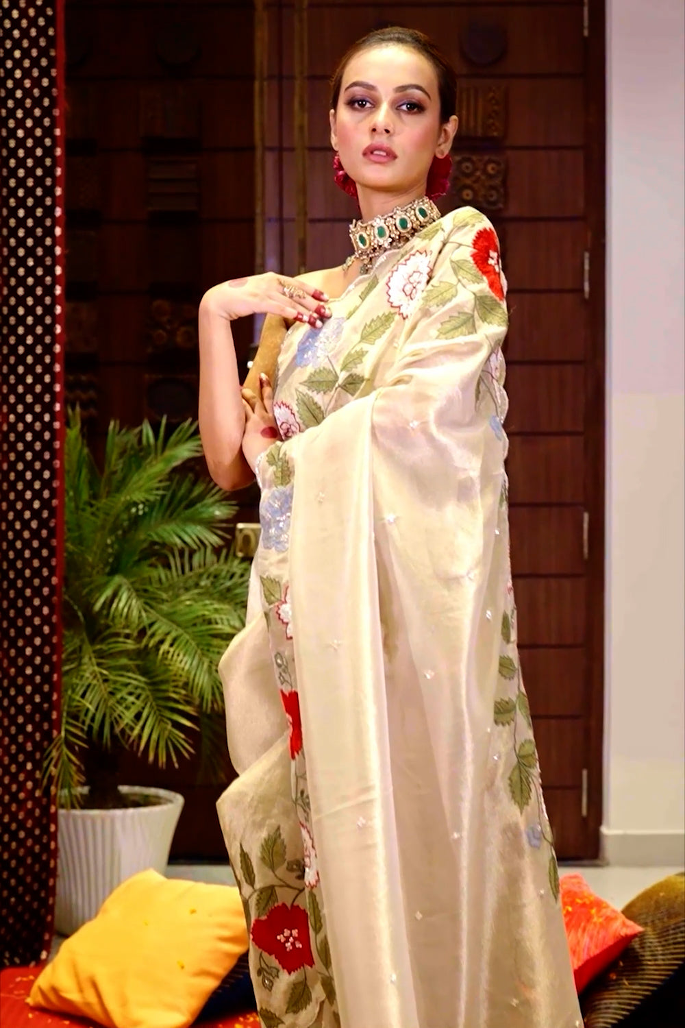 Cream Color Resham Embroidered Tissue Saree