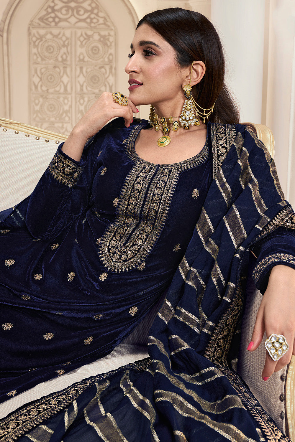 Navy Blue Color Embroidered Velvet Unstitched Suit Material