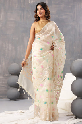 Cream Color Organza Woven Saree