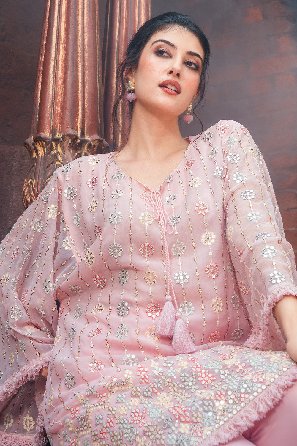 Rose Pink Color Georgette Mirror & Thread Embroidered Kurta Set