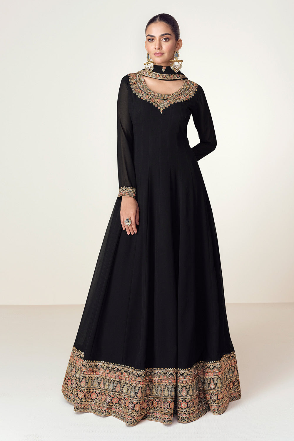 Black Color Georgette Embroidered Anarkali Kurti With Dupatta