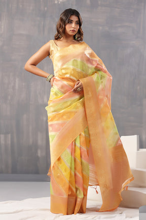 Orange Color Color Organza Golden Zari Woven Saree