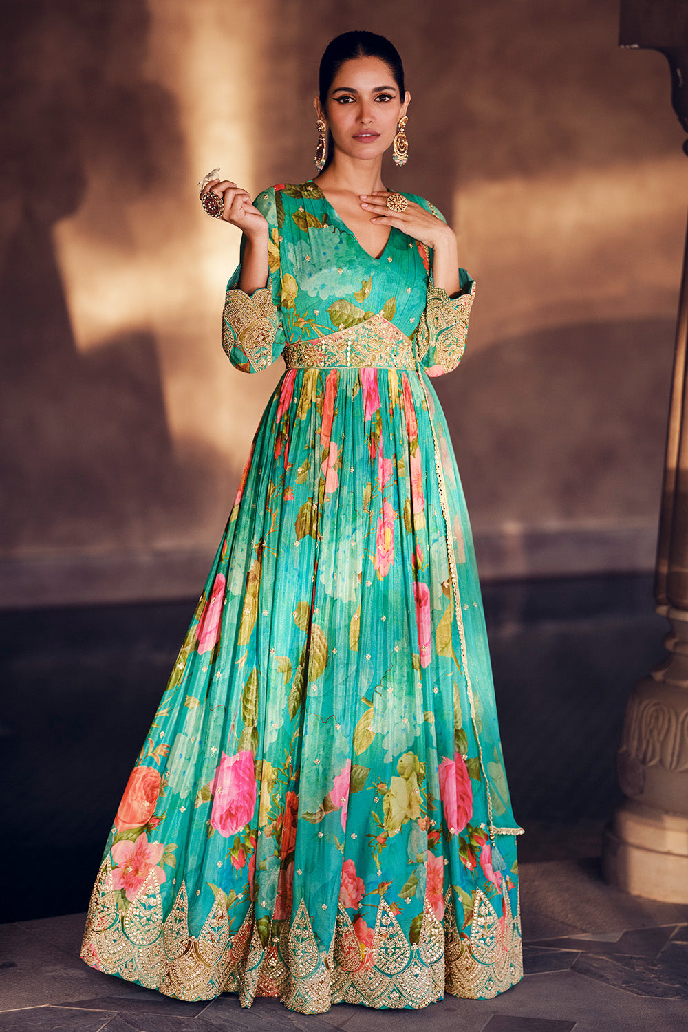 Teal Color Georgette Printed & Zari Embroidered Gown