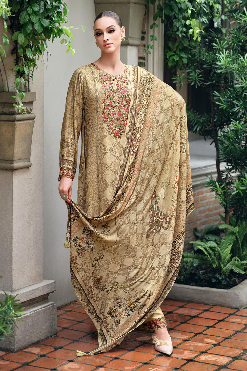 Beige Color Viscose Cotton Printed & Embroidered Unstitched Suit Material