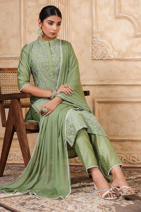 Green Color Chanderi Resham Embroidered Straight Suit