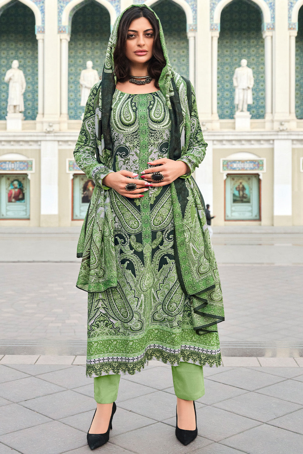 Green Color Cotton Printed Unstitched Suit Fabric