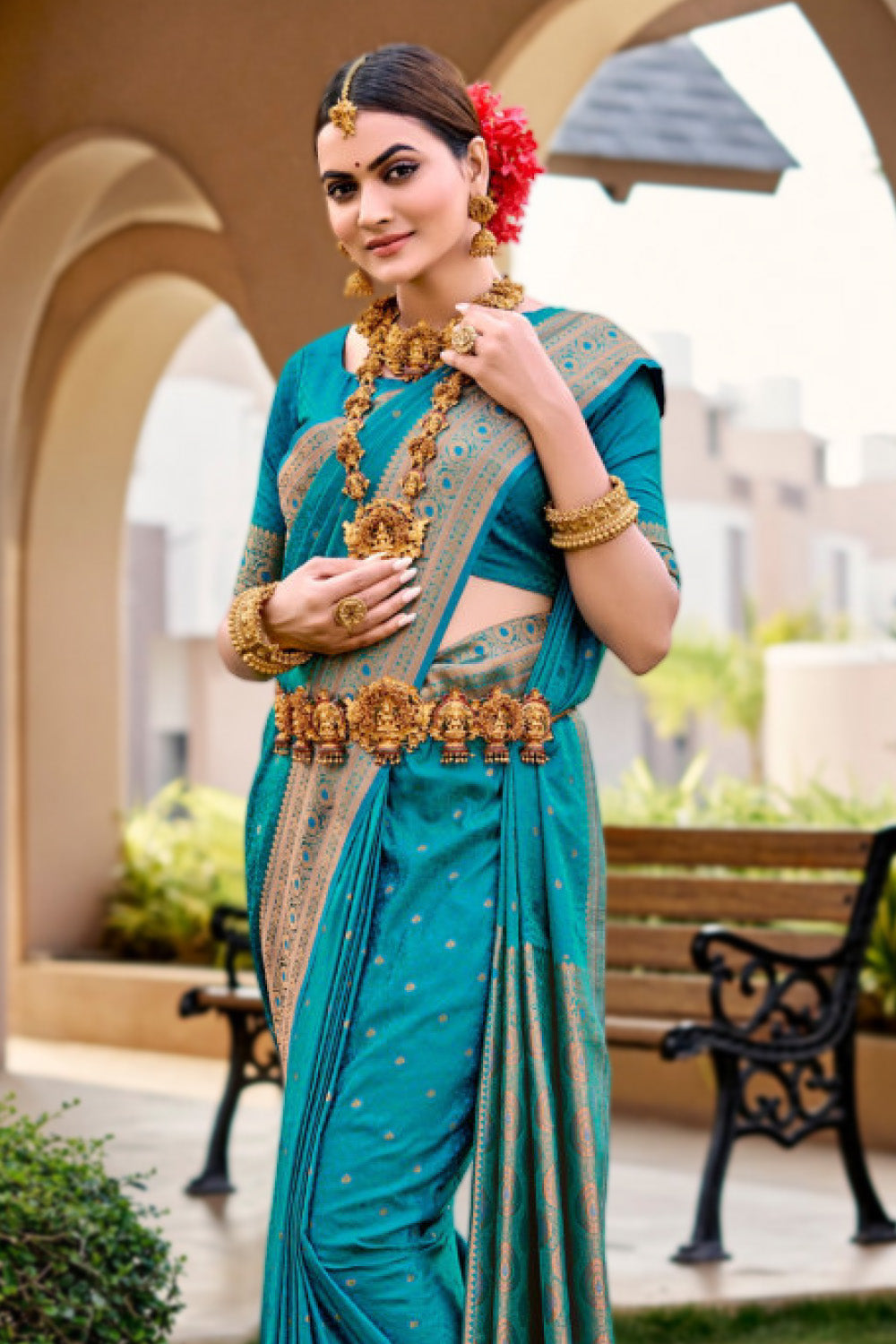 Teal Green Color Woven South Silk Saree