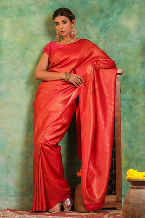 Deep Carmine Pink Colour Silk Zari Woven Saree