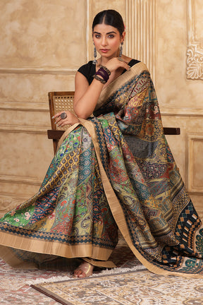 Green & Beige Color Printed Cotton Saree