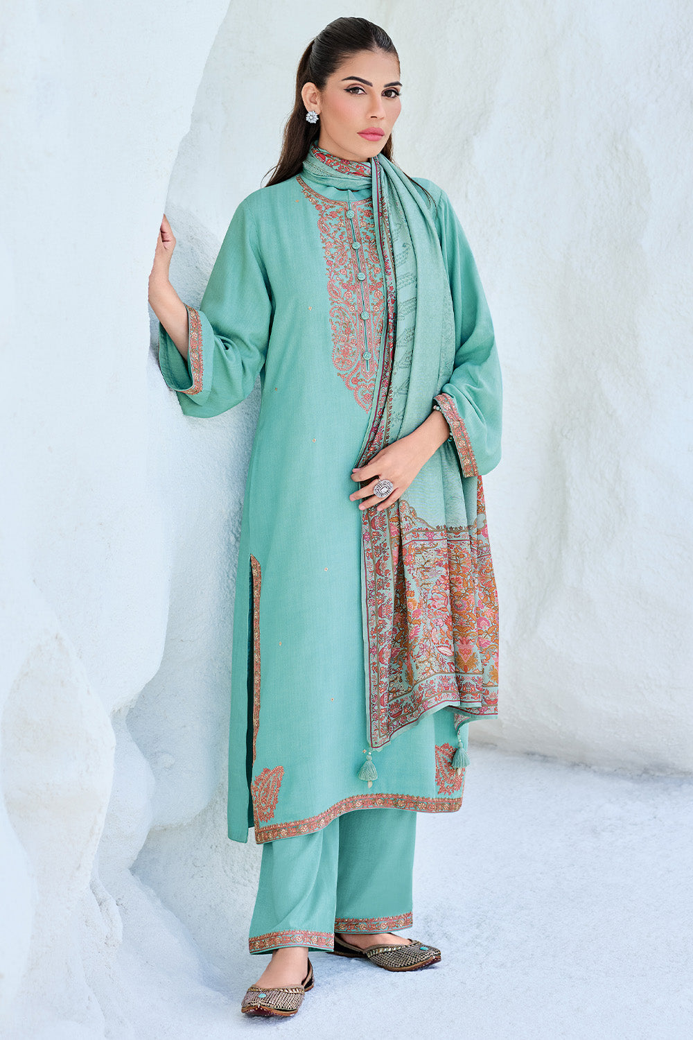 Turquoise Color Crepe Silk Embroidered Unstitched Suit Material