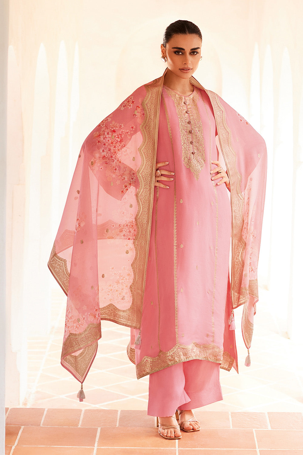 Pink Color Zari Woven Ethereal Organza Unstitched Suit Fabric