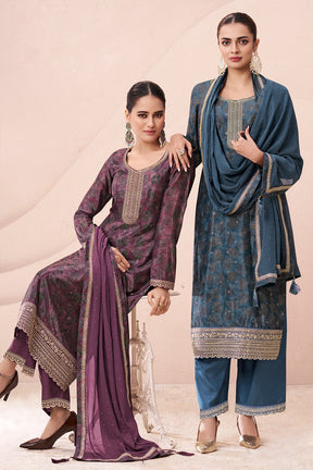 Navy Color Chinon Silk Printed and Embroidered Unstitched Suit Material