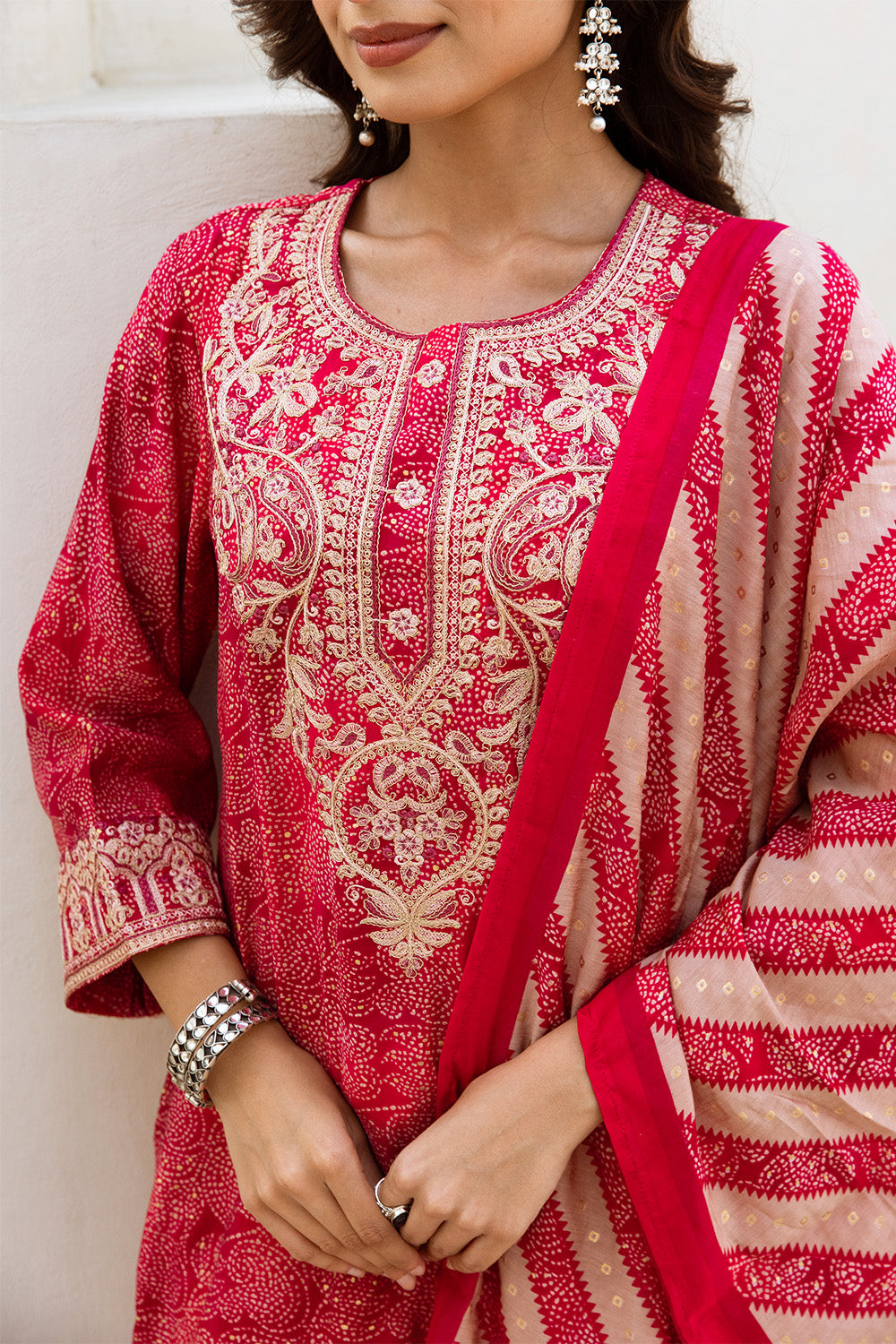 Fuchsia Pink Printed & Neck Embroidered Straight Suit