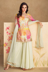 Cream Color Crepe Silk Printed & Embroidered Suit With Sharara