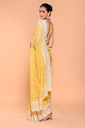 Pale Yellow Color Embroidered Crush Tissue Saree