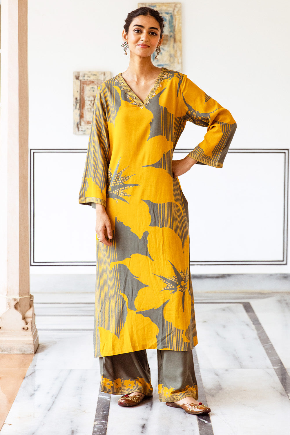 Mustard Color Floral Rayon Printed Kurta Set With Palazzo