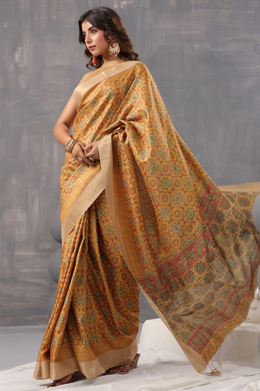 Mustard Colour Cotton Printed Saree With Stunning Woven Border