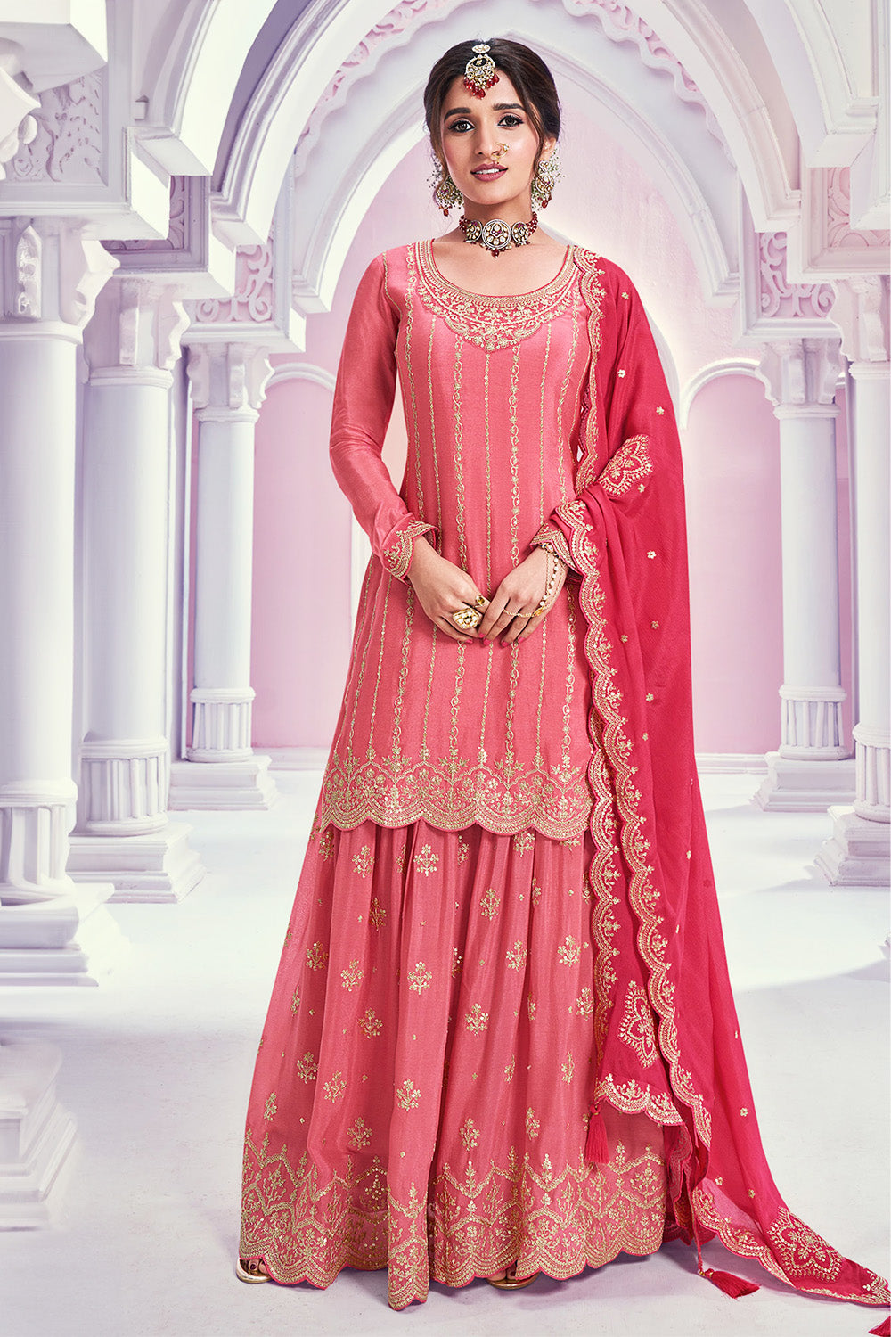 Coral Color Chinon Crepe Embroidered Unstitched Suit Fabric With Stitched Sharara