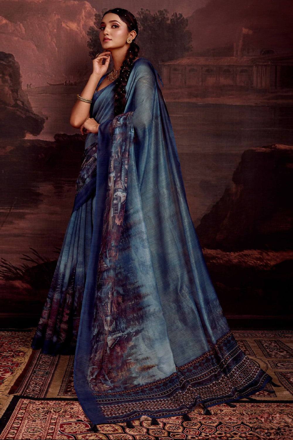 Blue Color Printed Chanderi Cotton Saree