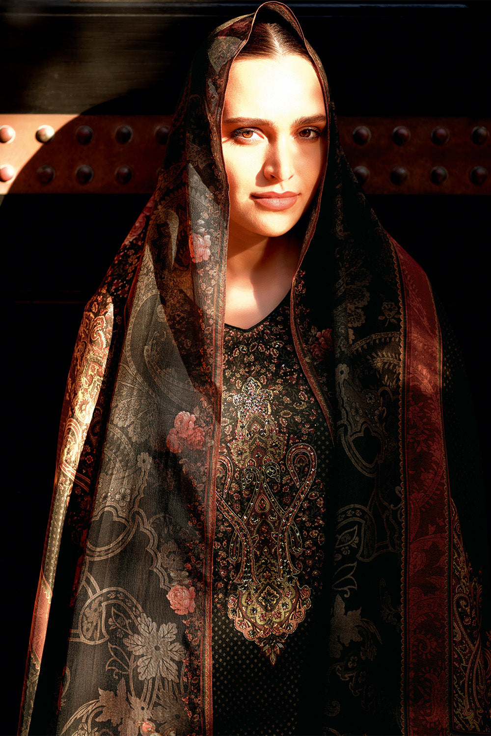 Black Color Spun Printed & Embroidered Unstitched Suit