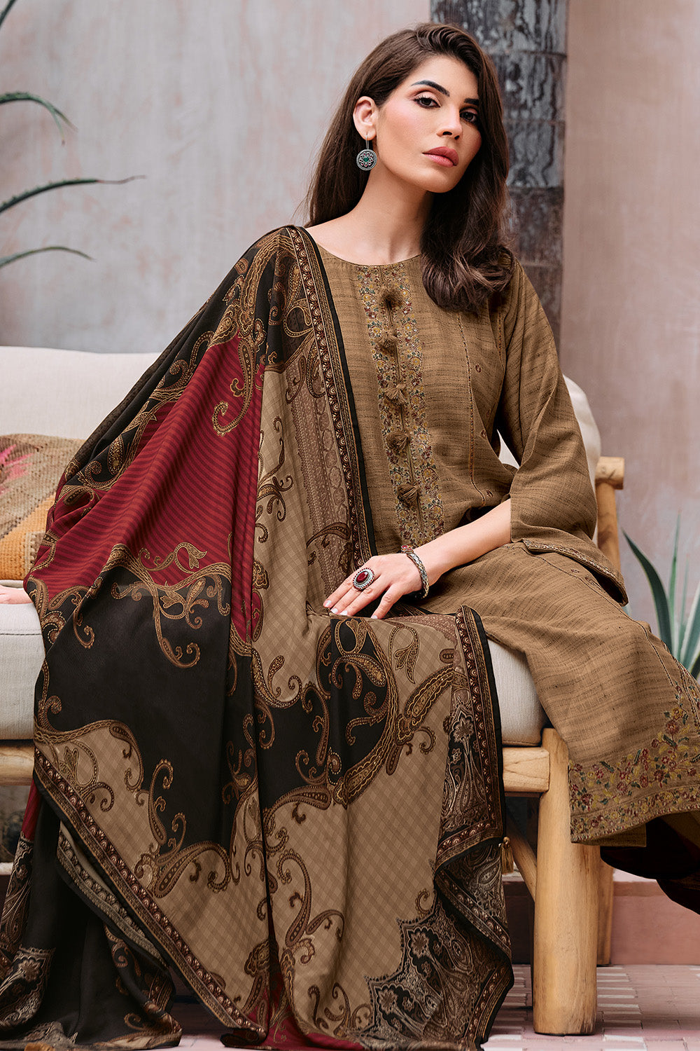 Beige Colour Resham Embroidered Tussar Silk Unstitched Suit Fabric