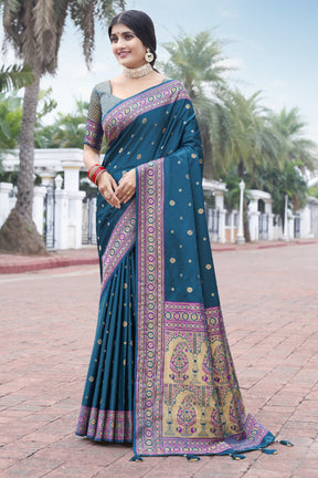 Dark Teal Color Pathani Work Silk Saree