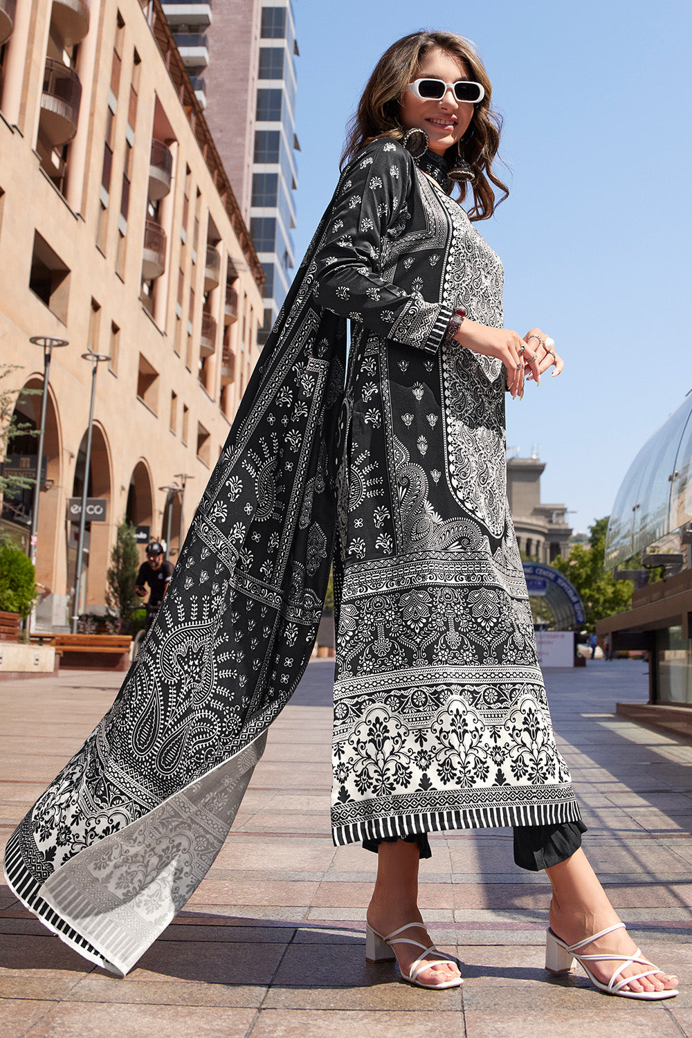 Black Color Spun Fabric Printed Unstitched Suit