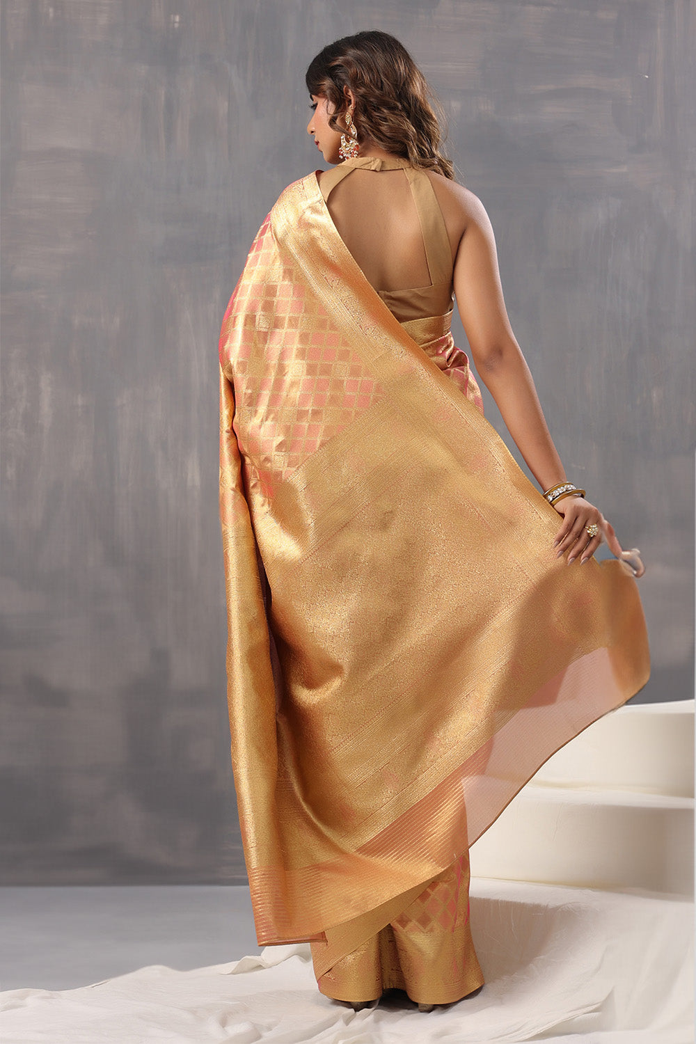 Golden & Coral Color Silk Woven Saree