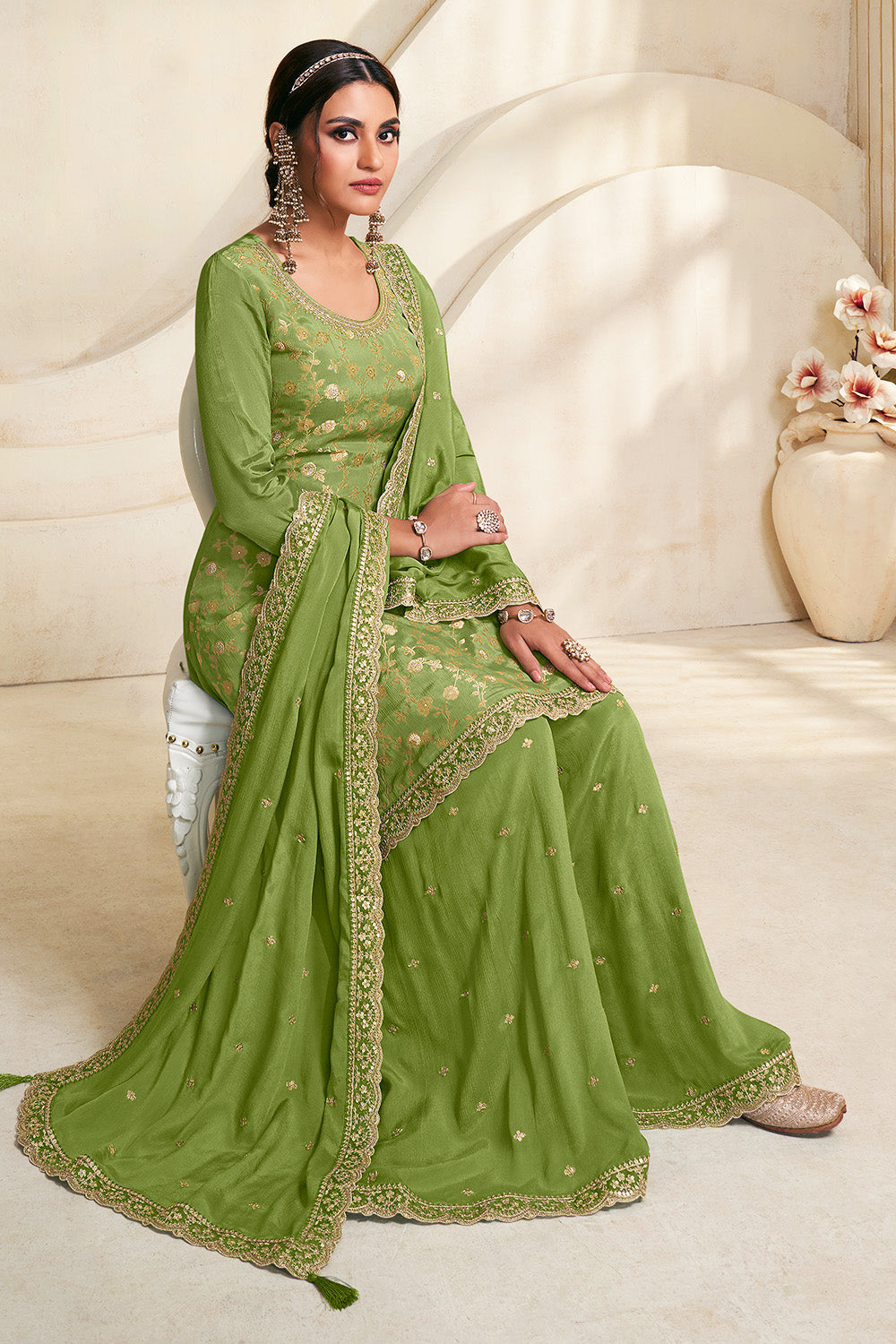 Green Color Crepe Woven Suit With Sharara