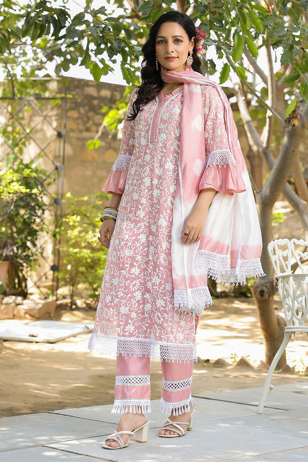 Baby Pink Color Chanderi Silk Resham Embroidered Suit