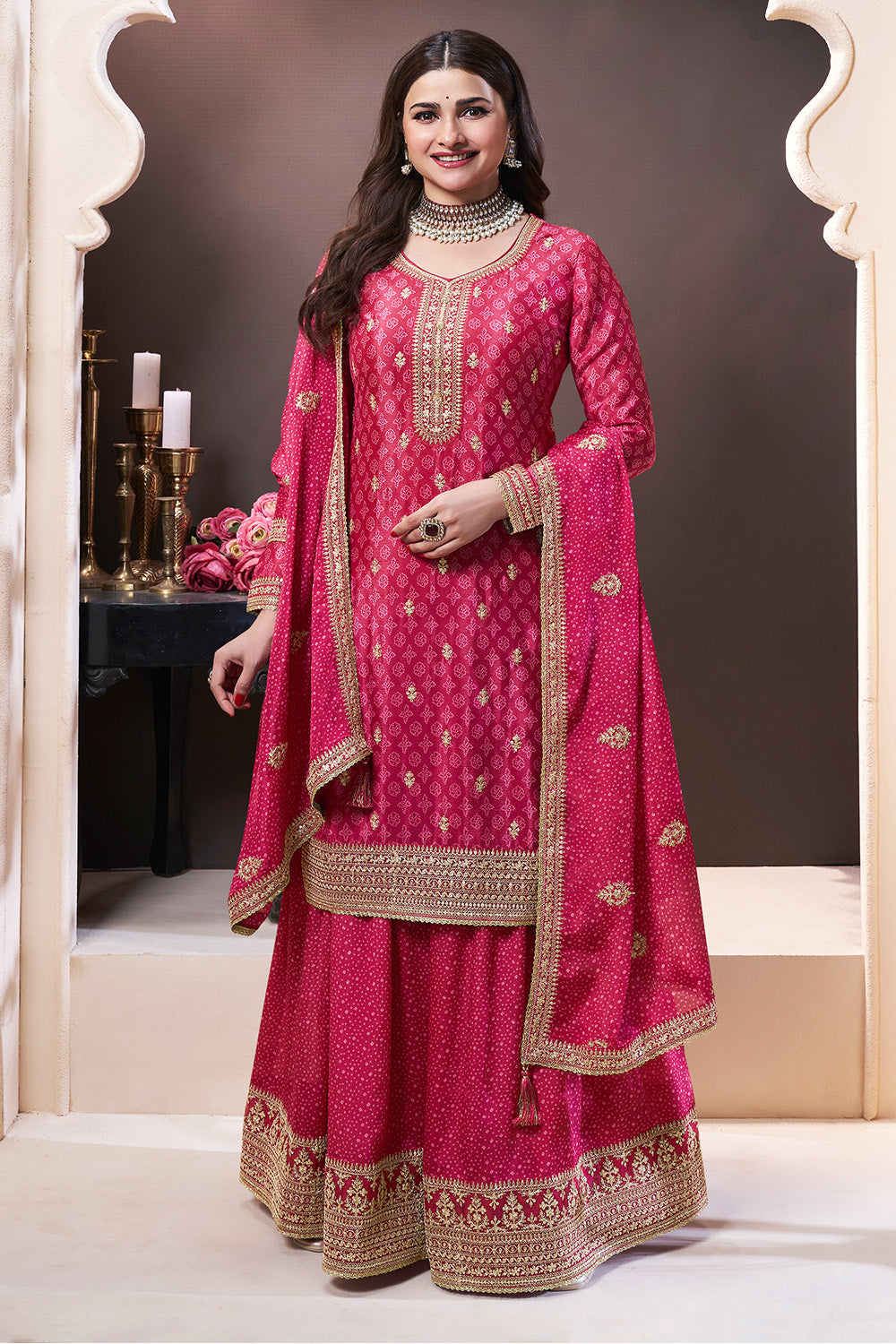 Magenta Pink Color Bandhani Printed & Embroidered Crepe Silk Unstitched Suit Material  With Readymade Palazzo