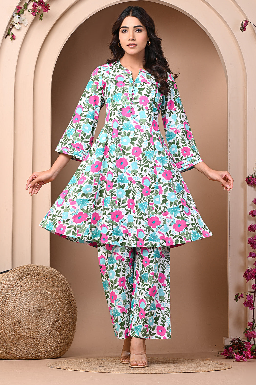 White & Turquoise Color Cotton Floral Printed A-Line Kurta Set