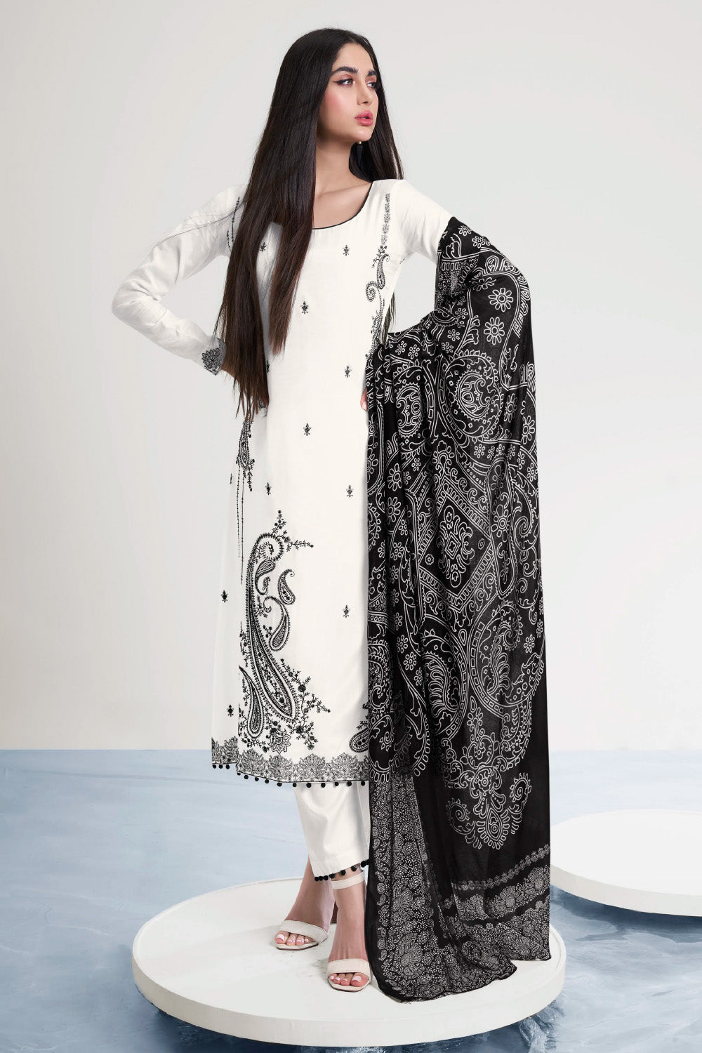 White Color Resham Embroidered Crepe Unstitched Suit Fabric